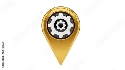 Golden map pointer with gear isolated PNG, location pin with settings icon on transparent background for navigation and service use