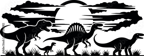 Dinosaur silhouettes with prehistoric landscape sunset vector illustration 