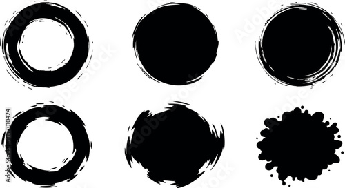 Black ink brush circle shapes vector with rough and smooth edges for design elements 