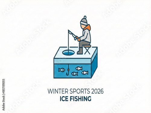 Flat vector illustration of ice fishing as winter sport 2026, minimal outdoor recreation concept with fisherman on frozen lake. Vector illustration