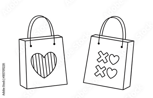Set of Valentine shopping paper bag outline.
Valentine's Day gift bag coloring pages and templates.