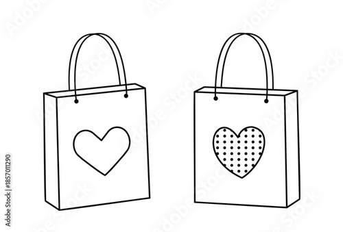 Set of Valentine shopping paper bag outline.
Valentine's Day gift bag coloring pages and templates.
