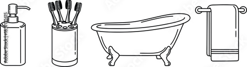 Set of 4 bathroom amenities outline style soap dispenser toothbrush holder bathtub and towel rail