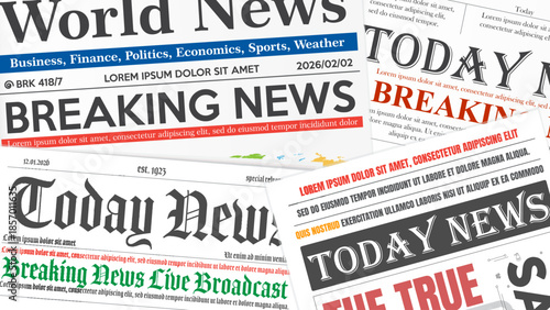Newspaper. Vector collage of vintage and modern newspaper front pages with bold BREAKING NEWS headlines, world news titles and colorful banners for media, journalism, press and communication concepts