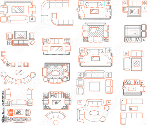 A detailed vector set of living room furniture symbols in top view, featuring various sofa arrangements, sectional couches, and lounge seating.