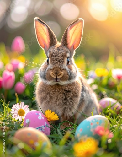 A fluffy bunny sits among brightly colored Easter eggs and springtime flowers in golden sunlight.