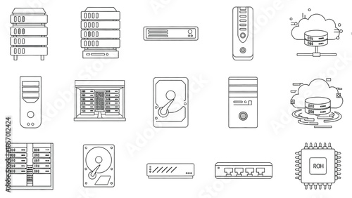 A collection of line art illustrations depicts various computer hardware components including servers, hard drives, processors, and networking equipment, symbolizing data storage and processing.