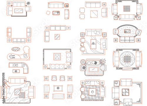 A large vector collection of top-view furniture symbols featuring various sofa layouts, armchairs, and coffee tables for interior design plans.