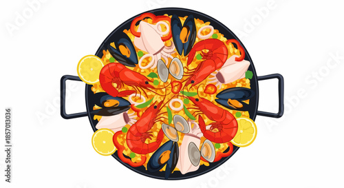 Delicious Seafood Paella in a Traditional Pan.