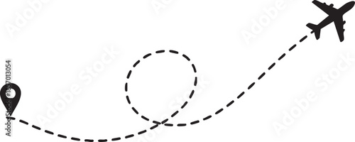 Airplane travel route with dotted line and location pin navigation concept