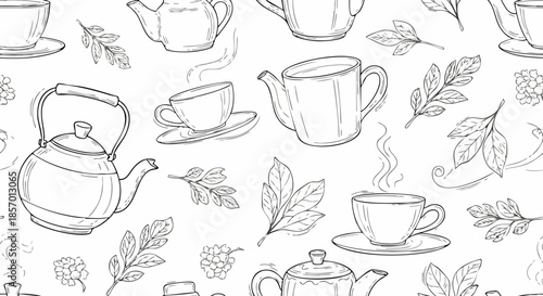 Hand drawn tea set and leaves seamless pattern.