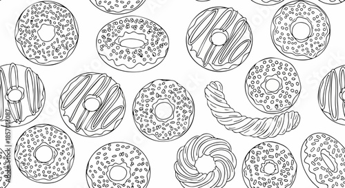 Hand drawn sketch style donuts and pastries seamless pattern.