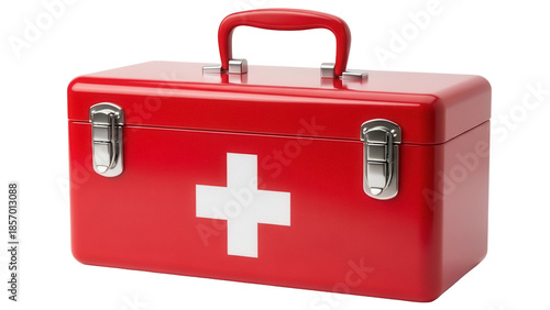 Red first aid kit isolated PNG, medical emergency box with handle and cross symbol on transparent background, healthcare equipment