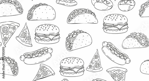 Seamless pattern of hand drawn fast food items including burgers tacos hot dogs and pizza slices in a sketch style.