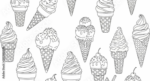 Seamless pattern of various hand drawn ice cream cones.
