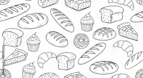 Assortment of baked goods illustration, bread, pastries, and desserts, seamless pattern.