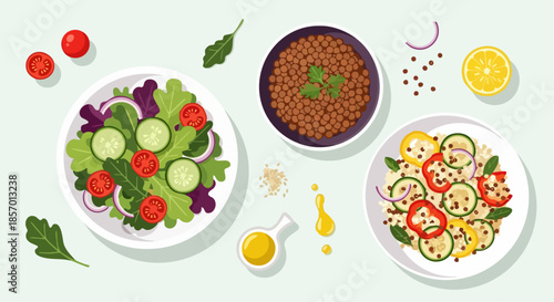 Healthy Vegetarian Meal Bowls Fresh Salad Lentils Zucchini Dish.