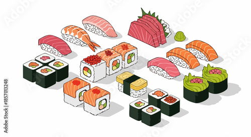 A vibrant and delicious assortment of Japanese sushi and sashimi.