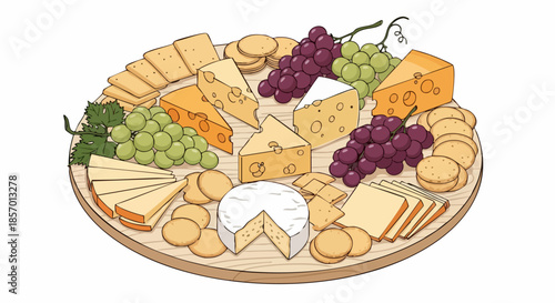 Delicious cheese and crackers platter with grapes and various cheese types.