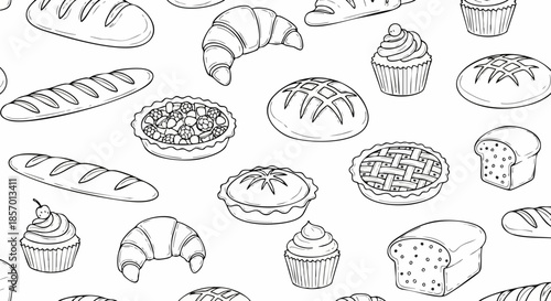 Hand drawn bakery products in a seamless repeating pattern.