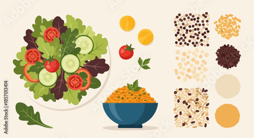 Healthy food set with fresh vegetable salad and various grains.