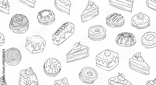 Assortment of hand drawn desserts and pastries in a seamless pattern.