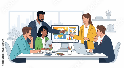 Diverse business team collaborates on a project in a modern office setting.