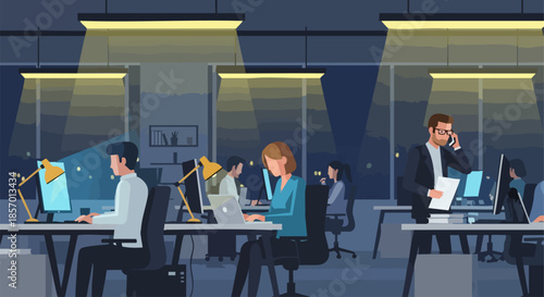 Dedicated office workers collaborating and working late at night.