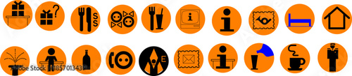 A comprehensive collection of orange circular icons for public services including dining, information, mail, accommodation, and gift shops.
