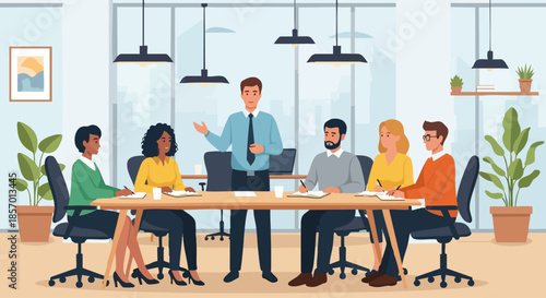 Diverse business team collaborating in a professional office meeting.