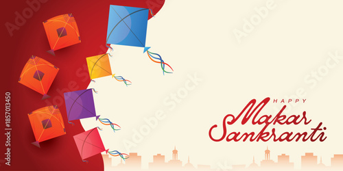 Happy Makar Sankranti Minimal Festival Background with Colorful Kites and City Skyline
