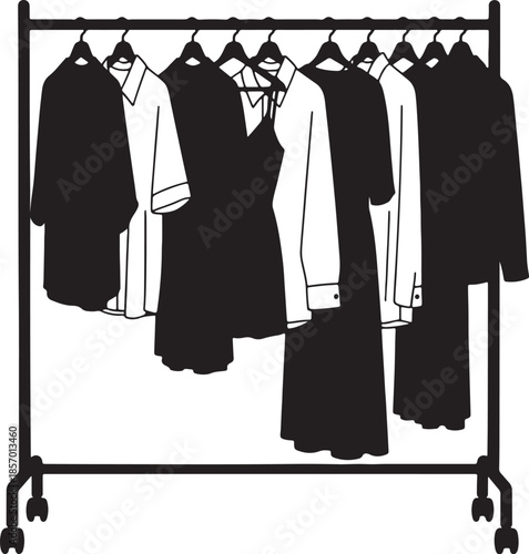 A black and white of a clothing rack filled with various garments including dresses and shirts hanging on hangers, showcasing a minimalist style also transparent background