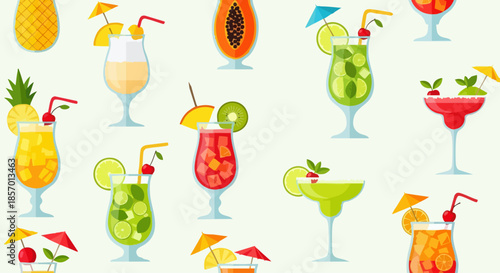 Assorted Tropical Cocktails with Fresh Fruits.