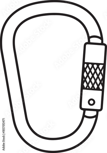 A black outline of a carabiner clip with a screw-lock mechanism, a piece of climbing or safety equipment, a simple also transparent background