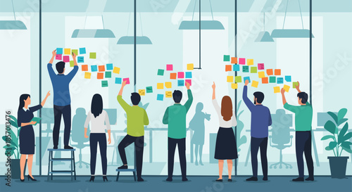 Team brainstorming and collaboration with sticky notes on glass wall.