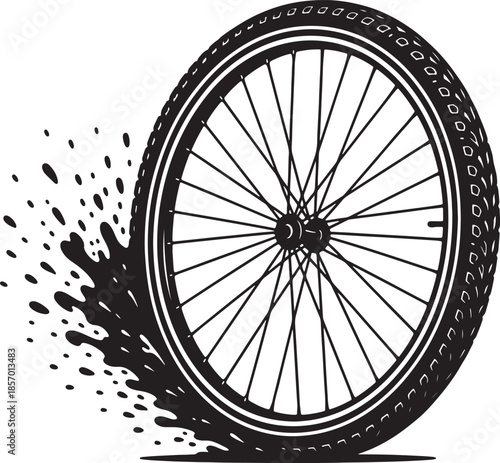 A black silhouette of a bicycle wheel in motion, with splashes of liquid or dirt flying off the tire, suggesting speed and dynamic action also transparent background