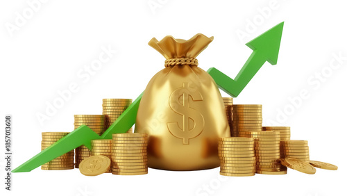 Golden money bag with dollar sign and green arrow isolated PNG, financial growth and investment concept on transparent background