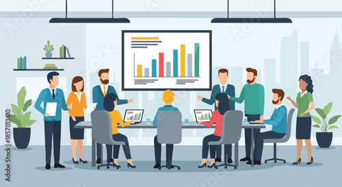 Business team meeting around a table reviewing data.