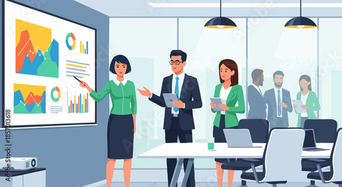 Business team giving presentation in meeting.