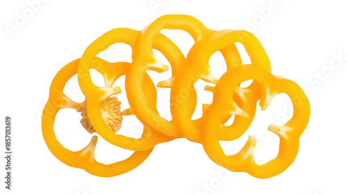 Fotografie Sliced yellow bell pepper rings isolated PNG, fresh vegetable pieces on transpar