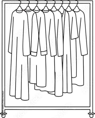 A row of identical long dresses hanging on a clothing rack with a simple outline garments apparel also transparent background