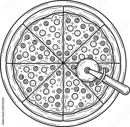 A top-down view of a sliced pizza with pepperoni and mushrooms, being cut by a pizza cutter on a round plate also transparent background
