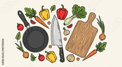 cooking utensils and fresh vegetables.
