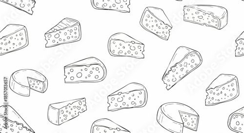 Seamless pattern of hand drawn cheese wedges and wheels.
