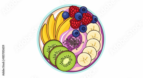 Colorful Healthy Fruit Smoothie Bowl with Fresh Berries and Tropical Fruits.