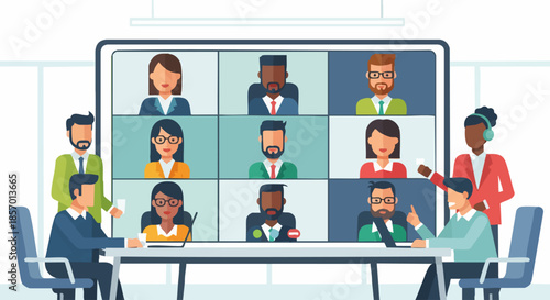 Business professionals collaborating in a hybrid video conference meeting.