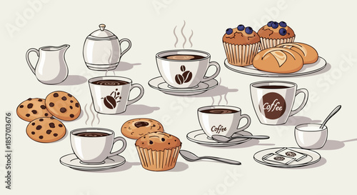 Coffee and muffins breakfast assortment.