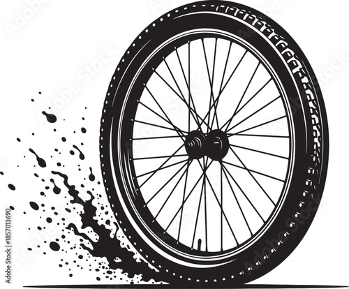 Bicycle wheel with tire spinning and kicking up dirt spray on a white background motion also transparent background