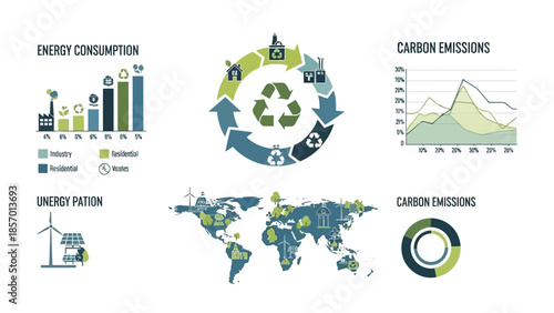 An infographic displays data visualizations related to energy consumption, carbon emissions, and environmental concepts, including charts, a circular diagram with recycling symbols, and a world map.