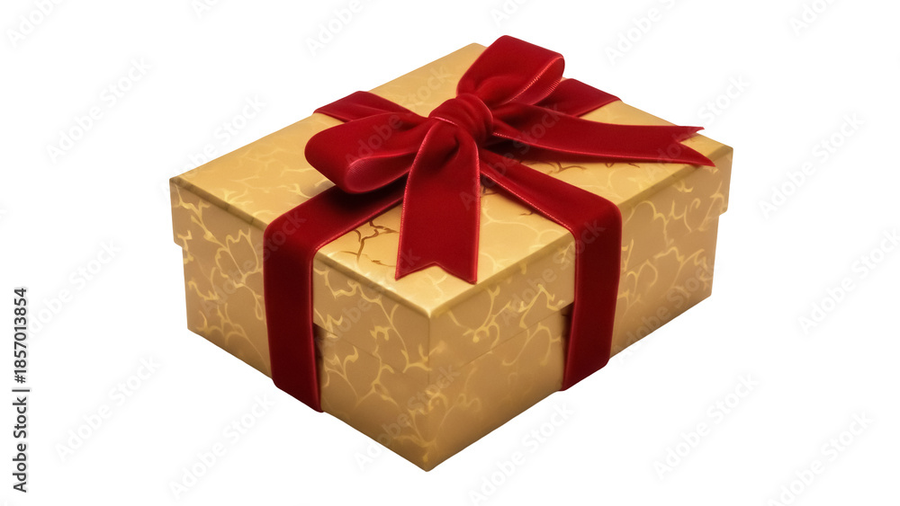 Obraz premium Gold gift box with red ribbon isolated PNG, present for Christmas, birthday, or special occasion on transparent background